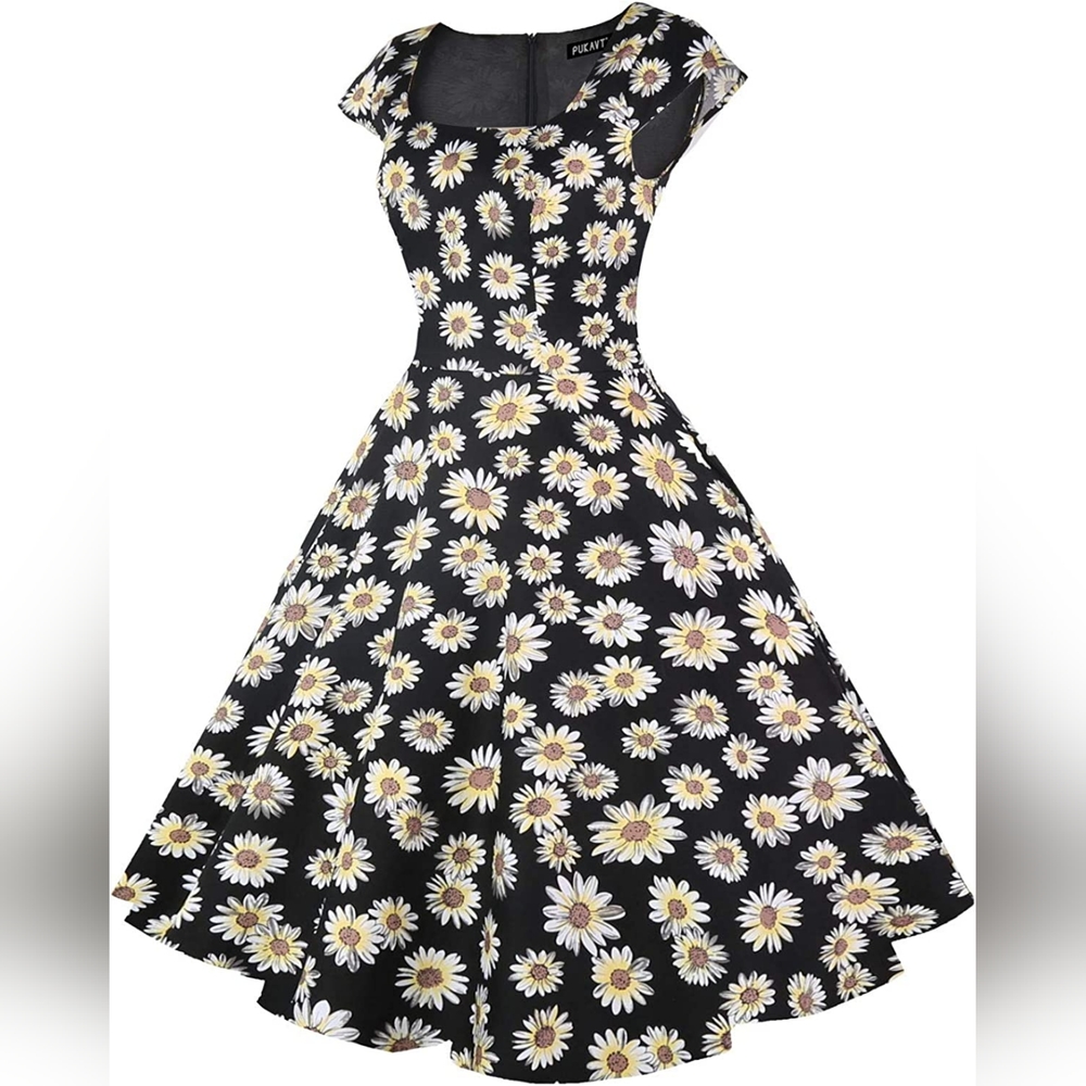 Women's Cocktail Party Dress with Cap Sleeves and Pockets - Picture 3 of 7